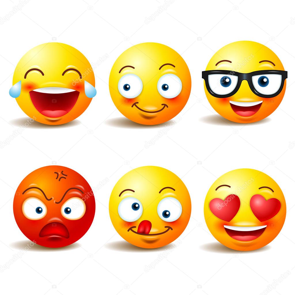 Smiley face icons or yellow emoticons with emotional funny faces in realistic . emojis .Vector illustration