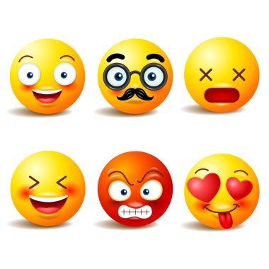 Gülen yüz simgeler veya duygusal komik yüzü olan sarı ifadeler