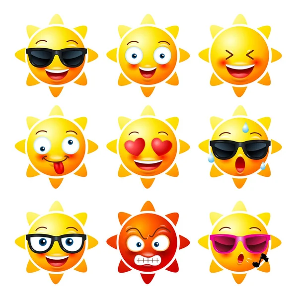 Sol, Smiley iconos de la cara o emoticonos amarillos con divertido emocional — Vector de stock