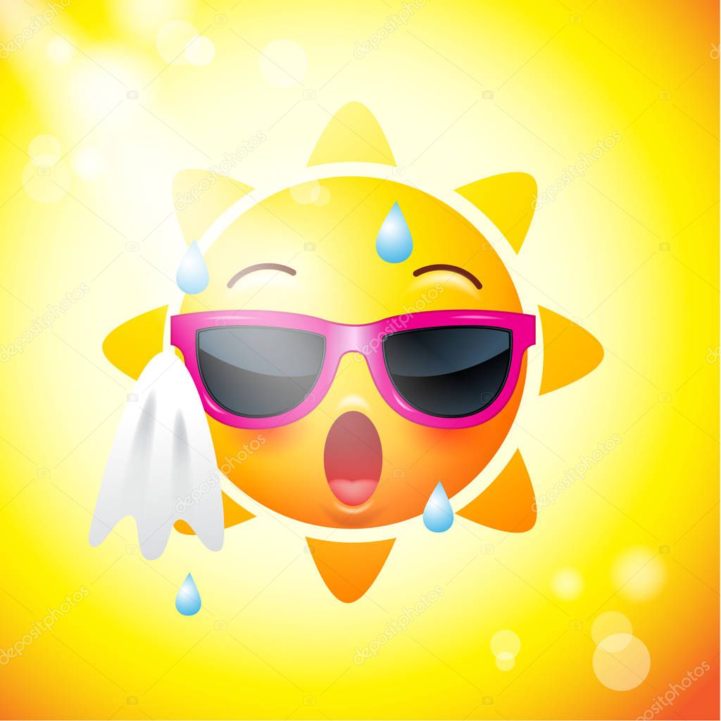 Sun face icons or yellow , funny faces in realistic . emojis .hot summer. Vector illustration
