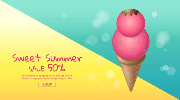 Hete zomer verkoop, tekenfilm, kleurrijke ijs, lay-outontwerp, — Stockvector