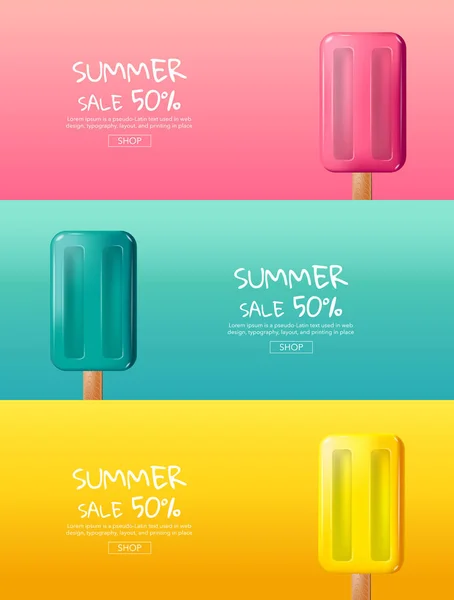 Heißer Sommerverkauf, Cartoon, buntes Eis, Layout-Design, — Stockvektor