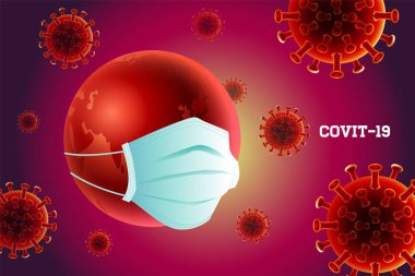 Dünya, Coronavirus, Covit -19, Wuhan, Tehlike, maske, vektör ilüstrasyonu.