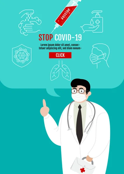 Stop Covid Template Banner Médico Presenta Cómo Proteger Contra Infección — Vector de stock