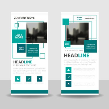 Yeşil kare iş Roll Up Banner düz tasarım şablonu, soyut geometrik banner şablon vektör çizim set, soyut tanıtım broşür el ilanı şablonu dikey şablon vektör