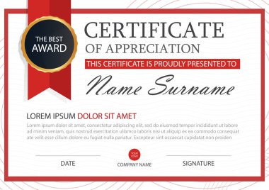 Kırmızı Elegance yatay sertifika ile vektör çizim, beyaz çerçeve sertifika şablonu temiz ve modern desen sunum ile