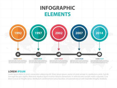 Renkli daire iş zaman çizelgesi Infographics elemanları, sunu şablonu düz tasarım vektör çizim reklam pazarlama web tasarım için soyut