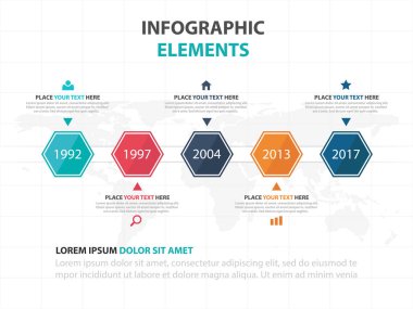Renkli altıgen zaman çizelgesi iş Infographics elemanları, sunu şablonu düz tasarım vektör çizim reklam pazarlama web tasarım için soyut