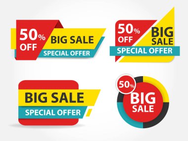 Satış afiş etiket şablon alışveriş Kırmızı Sarı Mavi, indirimli satış afiş koleksiyonu seti