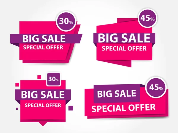Modello di etichetta per banner di vendita per shopping rosa e viola, set di raccolta banner di vendita scontati — Vettoriale Stock