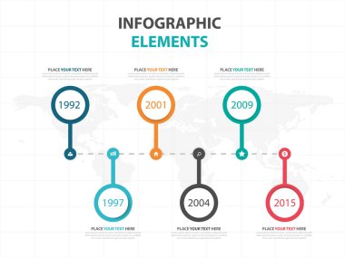 Renkli daire iş zaman çizelgesi Infographics elemanları, sunu şablonu düz tasarım vektör çizim reklam pazarlama web tasarım için soyut