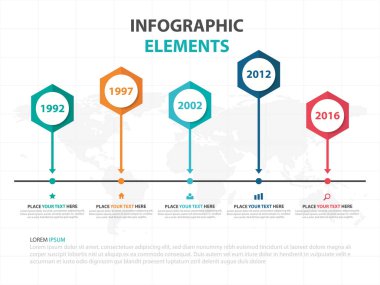 Renkli altıgen iş zaman çizelgesi Infographics elemanları, sunu şablonu düz tasarım vektör çizim reklam pazarlama web tasarım için soyut