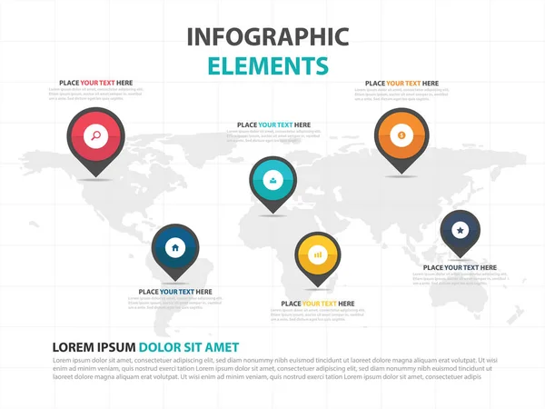 Abstract colorful world map with pin business Infographics elements, presentation template flat design vector illustration for web design marketing advertising — Stock Vector