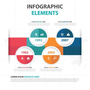 Renkli daire iş zaman çizelgesi Infographics elemanları, sunu şablonu düz tasarım vektör çizim reklam pazarlama web tasarım için soyut