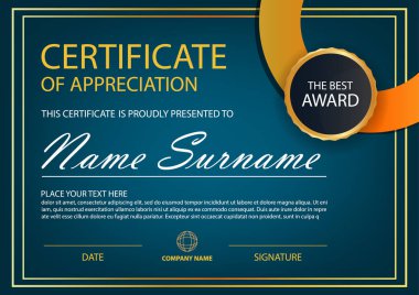 Elegance yatay sertifika ile vektör çizim, beyaz çerçeve sertifika şablonu temiz ve modern desen sunum ile mavi