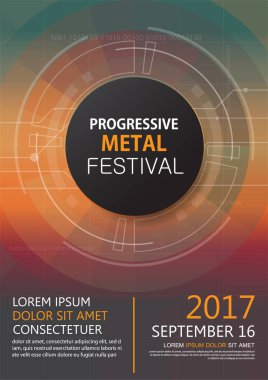 Progresif metal festival konser davetiyesi broşür, müzik etkinliği ve sahne için teknoloji kavramı poster