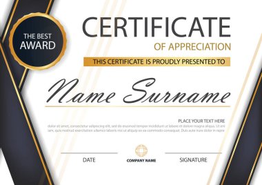 Altın ve siyah Elegance yatay sertifikayla vektör çizim, beyaz çerçeve sertifika şablonu temiz ve modern desen sunum ile