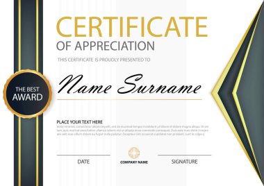 Altın ve siyah Elegance yatay sertifikayla vektör çizim, beyaz çerçeve sertifika şablonu temiz ve modern desen sunum ile
