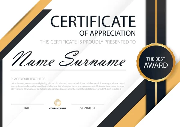 Gold and black Elegance horizontal certificate with Vector illustration ,white frame certificate template with clean and modern pattern presentation — Stock Vector