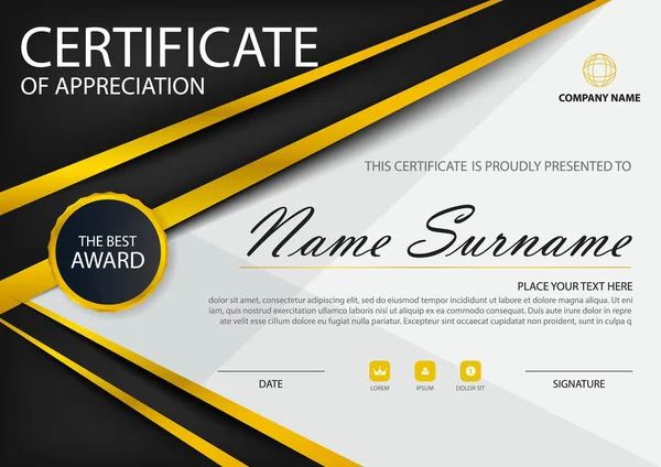 Oro negro Elegancia certificado horizontal con ilustración Vector, plantilla de certificado de marco blanco con presentación de patrón limpio y moderno — Vector de stock