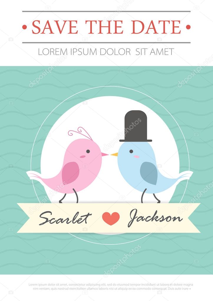 Wedding invitation card template vector illustration, wedding invitation card editable with background chevron, font, type, save the date bird cartoon set