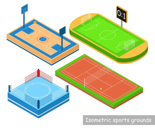 Stel isomere sportvelden. Ring, tennisbanen, stadion, basketbalveld isometrische stijl geïsoleerd op een witte achtergrond. Vectorillustratie. — Stockvector