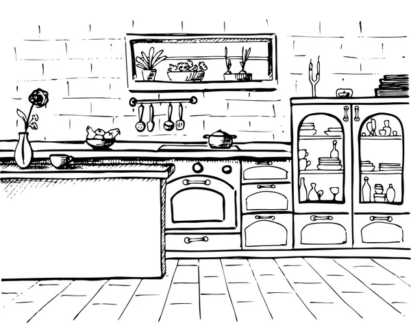 Эскиз кухни. План кухни. Векторная иллюстрация — стоковый вектор