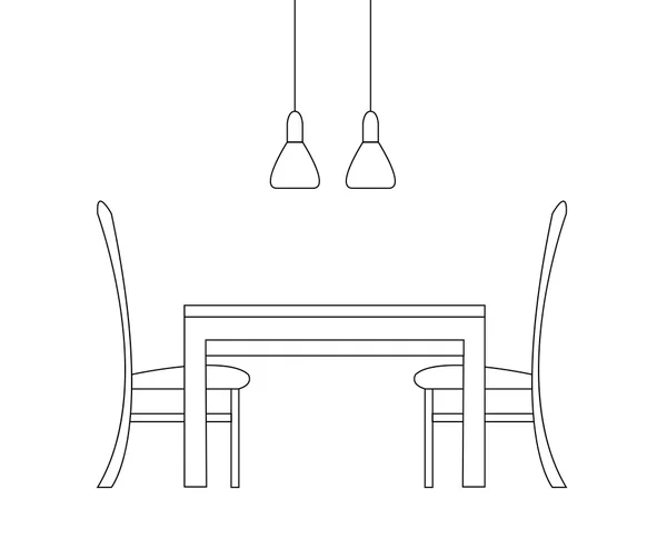 Sketch of the dining room. Two chairs, a table and two lamps isolated on white background. Vector illustration in a linear style. — Stock Vector