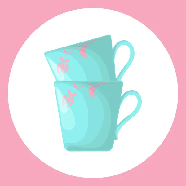 Dua mug biru diisolasi pada latar belakang putih. Mug biru dengan ornamen merah muda dalam gaya kartun. Ilustrasi vektor . - Stok Vektor