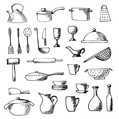 Elle çizilmiş tencere seti. Vektör çizim.