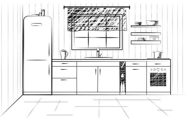 Cozinha de esboços. Plano de cozinha. Ilustração vetorial — Vetor de Stock