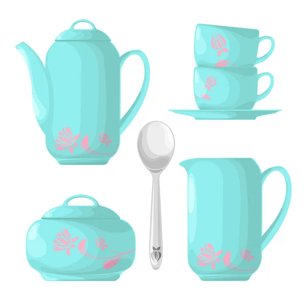 Conjunto de pratos para chá. Tigela de açúcar, bule, xícara, colher isolada em um fundo branco. Ilustração vetorial em estilo cartoon . — Vetor de Stock