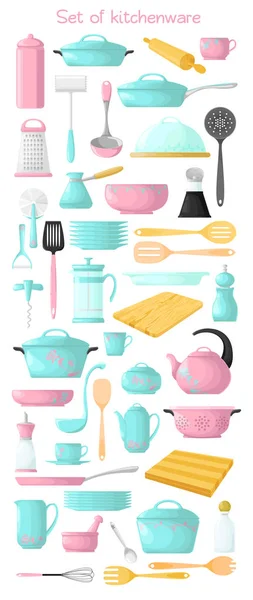 Un juego de utensilios de cocina rosa y azul. Aislamiento sobre fondo blanco. Utensilios de cocina . —  Fotos de Stock