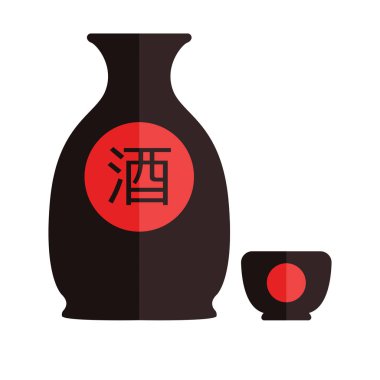Şişe Saki, küçük beyaz arka plan üzerinde izole sake fincan. Vektör çizim. Düz tasarım. Çeviri hiyeroglif: saki.