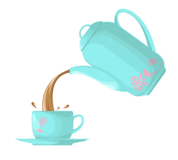 Pouring tea,coffee from the kettle into the cup. Set. Blue teapot with a pattern and a blue circle with a pattern. — Stock Vector