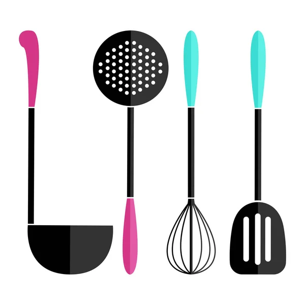 Utensilios de cocina en orzuelo plano. Ilustración vectorial aislada sobre fondo blanco . — Vector de stock