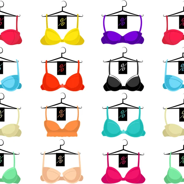 Seamless pattern with different bras on a hanger. Brassieres on a white background. Sale Icons. — Stock Vector