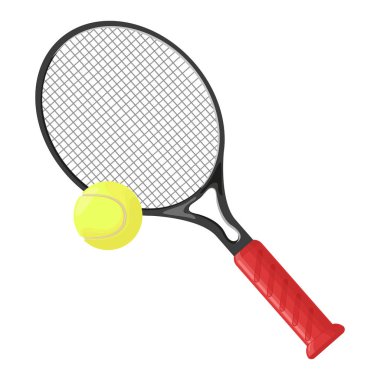 Tenis raketi ve beyaz arka plan üzerinde izole tenis topu. Vektör çizim karikatür tarzı.