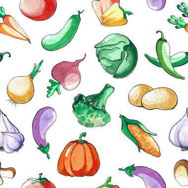 Sebze ile Seamless modeli. El çizim suluboya. Kontur mürekkep ile yapılır. Sebze arka plan.