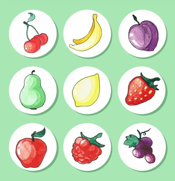 Akwarela ręcznie rysowane zestaw ikon owoce. — Zdjęcie stockowe