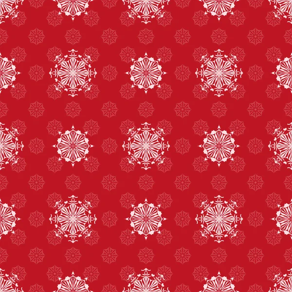 Seamless mönster. Vita snöflingor på en röd bakgrund. Festliga till jul och nyår. — Stock vektor