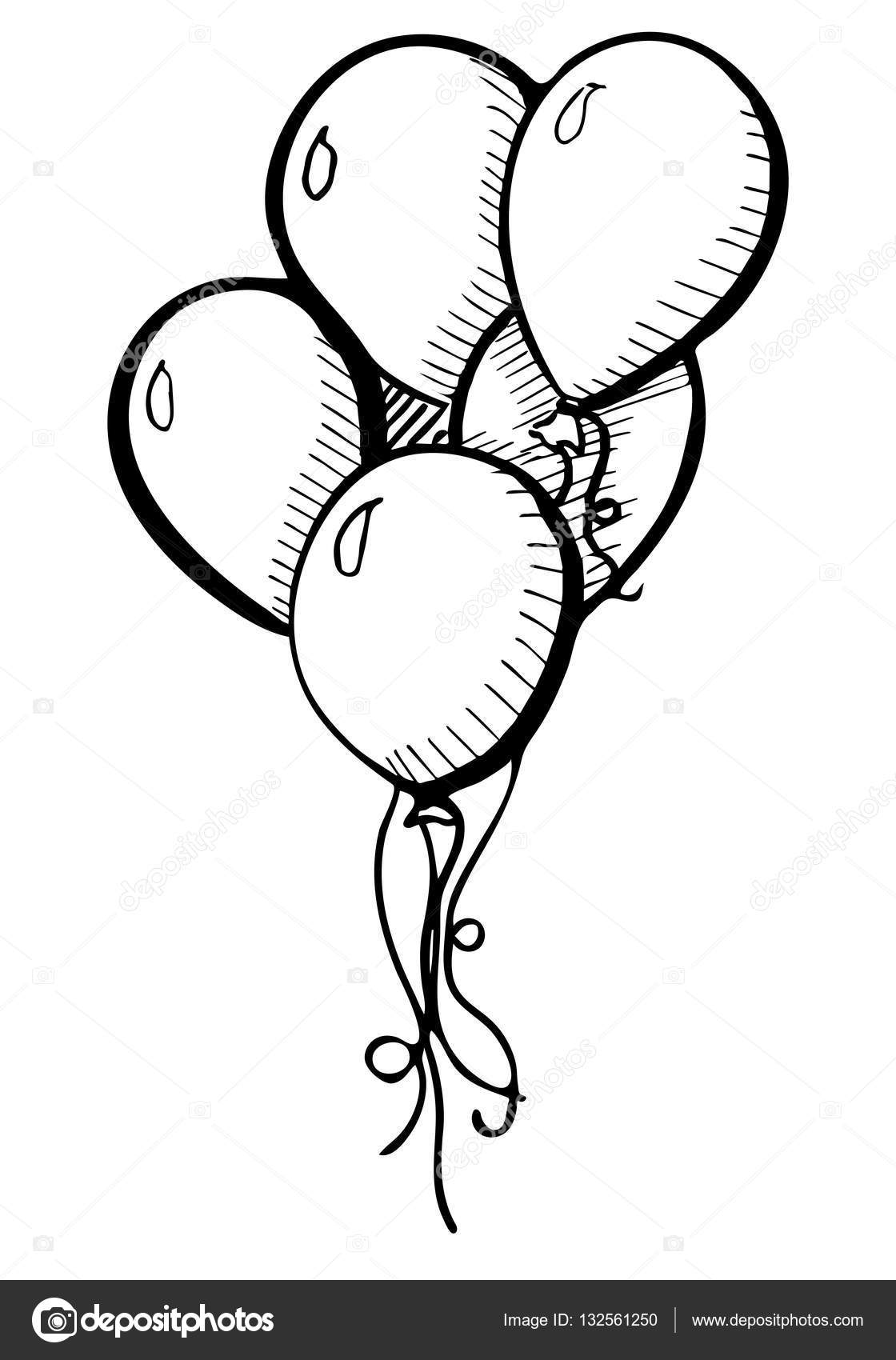 Group of balloons on a string. Hand drawn, isolated on a white
