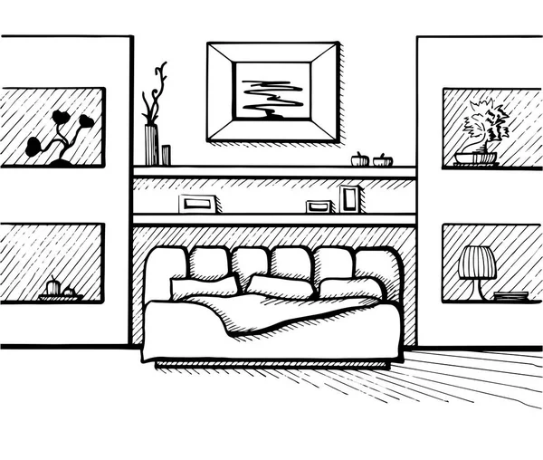 Croquis dessiné à la main. Croquis linéaire d'un intérieur. Sketch Line chambres. Illustration vectorielle . — Image vectorielle