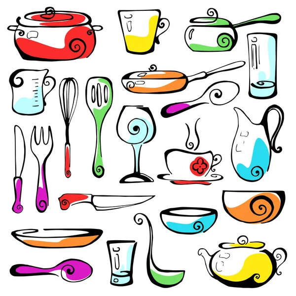 Set de utensilios de cocina dibujados a mano. Ilustración vectorial — Vector de stock