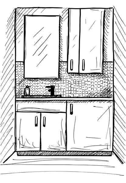 Drukowaniehand getekende schets. Lineaire schets van een interieur. Onderdeel van de badkamer. Vectorillustratie — Stockvector