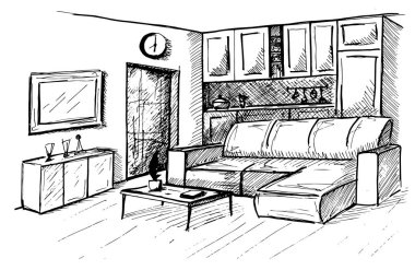 Elle çizilmiş. Bir iç doğrusal taslağını. Oda planı. Vektör çizim.