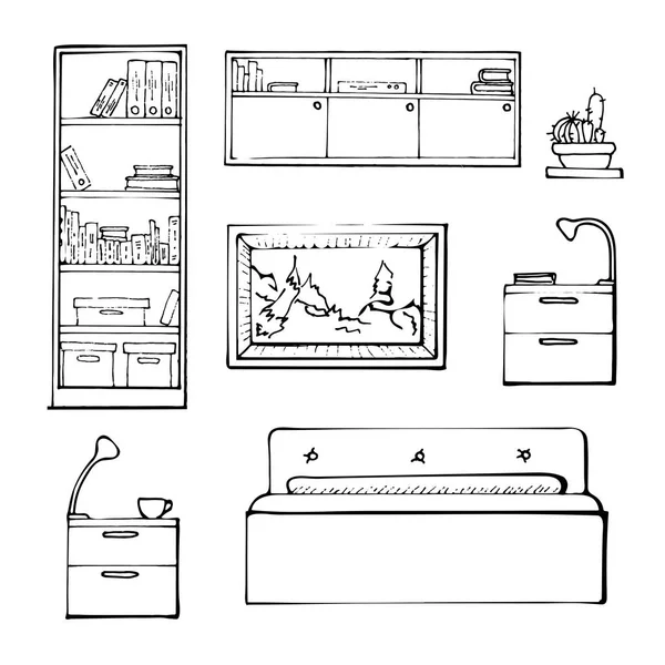 Conjunto de bocetos muebles aislados. Mobiliario negro lineal sobre fondo blanco. Ilustración vectorial — Vector de stock