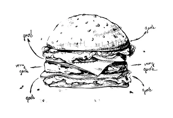 Hamburger. Beyaz arka plan üzerinde izole kroki. Vektör çizim — Stok Vektör