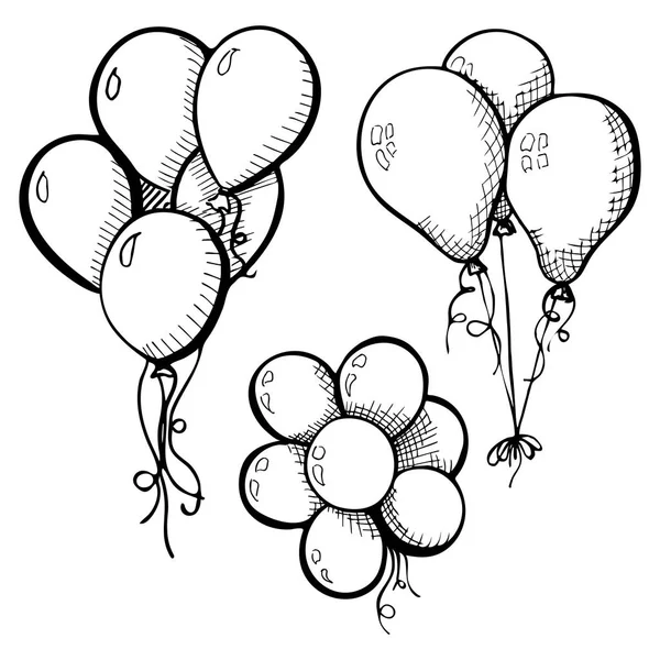 Grupo de globos en una cuerda. Mano dibujada, aislada sobre fondo blanco. Ilustración vectorial — Archivo Imágenes Vectoriales