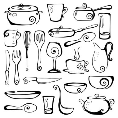 Elle çizilmiş tencere seti. Vektör çizim.